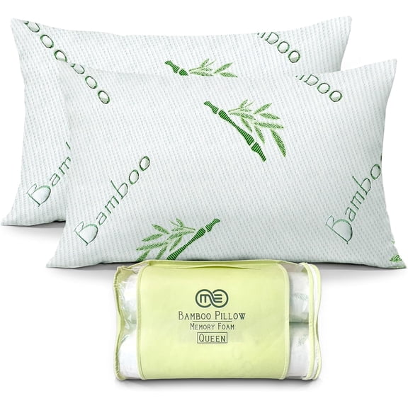 OMEO 2 Pack Queen Size Rayon Derived from Bamboo Pillow for Sleeping Shredded Memory Foam Bed Pillows for Side, Back and Stomach Sleepers, Soft, Cooling, Adjustable and Washable Cover 20" x 30"