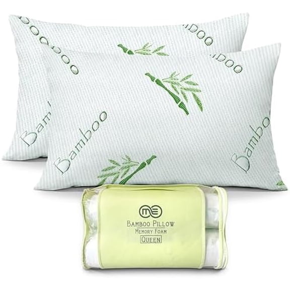OMEO 2 Pack Queen Size Rayon Derived from Bamboo Pillow for Sleeping Shredded Memory Foam Bed Pillows for Side, Back and Stomach Sleepers, Soft, Cooling, Adjustable and Washable Cover 20" x 30"