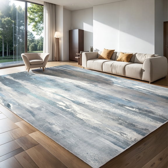 OMERAI Area Rug 8'x 10' Abstract Large Soft Machine Washable Rugs, Non-Slip Non-Shedding Low-Pile Morden Indoor Floor Carpet for Living Bedroom Office Dining Room, Grey Blue