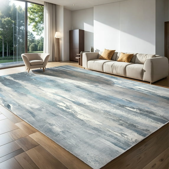 OMERAI Area Rug 9'x 12' Abstract Large Soft Machine Washable Rugs, Non-Slip Non-Shedding Low-Pile Morden Indoor Floor Carpet for Living Bedroom Office Dining Room, Grey Blue