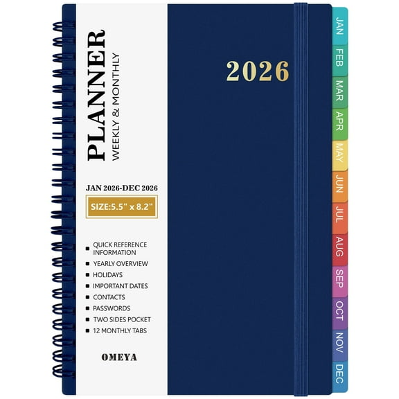 OMEYA 2026 Planner Weekly and Monthly, 2026 calendar planner, Monthly Planner 5.5 x 8.2in with Inner Pockets, Monthly Tabs, Elastic Closure, Great for Campus, Home & Office