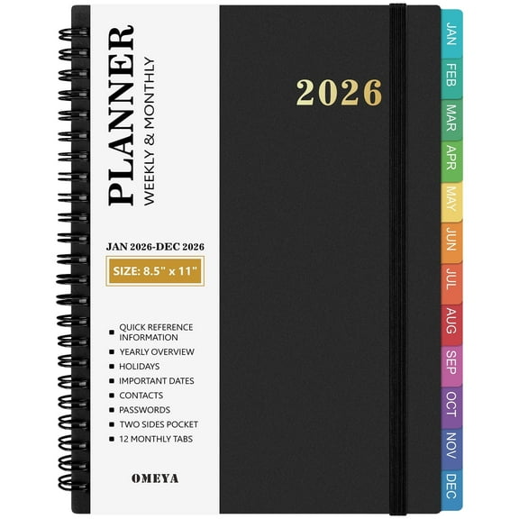 OMEYA 2026 Planner Weekly and Monthly, Large Planner Jan. 2026 - Dec. 2026, Monthly Planner 8.5 x 11in with Inner Pockets, Monthly Tabs, Elastic Closure, Great for Campus, Home & Office