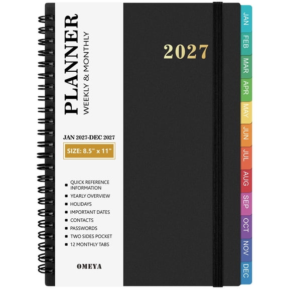 OMEYA 2027 Planner Weekly and Monthly, Large 2027 Planner Jan.2027 - Dec.2027, Monthly Planner 8.5 x 11in with Inner Pockets, Monthly Tabs, Elastic Closure, Great for Campus, Home & Office