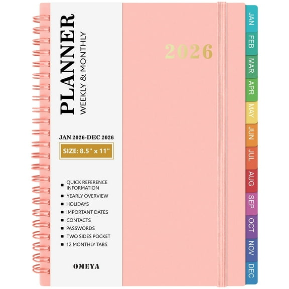 OMEYA 2026 Planner Weekly and Monthly, Large Planner Jan. 2026 - Dec. 2026, Monthly Planner 8.5 x 11in with Inner Pockets, Monthly Tabs, Elastic Closure, Great for Campus, Home & Office