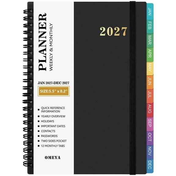 OMEYA 2027 Planner Weekly and Monthly, Calendar Planner Jan. 2027 - Dec. 2027, Date Book Planner 5.5 x 8.2in with Inner Pockets, Monthly Tabs, Elastic Closure, Great for Campus, Home & Office