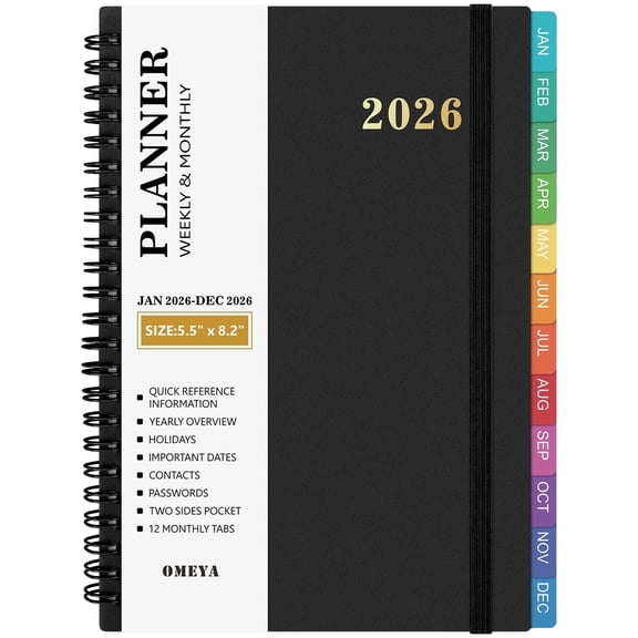 OMEYA 2026 Planner Weekly and Monthly, Small Planner Jan. 2026 - Dec. 2026, Monthly Planner 5.5 x 8.2in with Inner Pockets, Monthly Tabs, Elastic Closure, Great for Campus, Home & Office