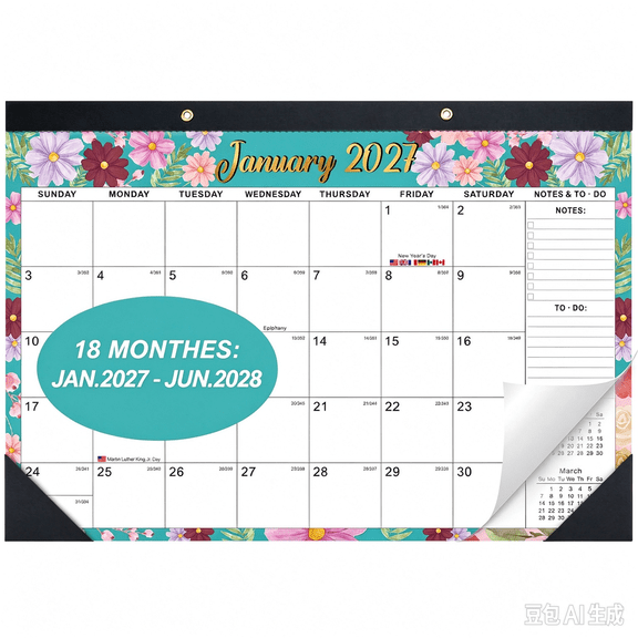 OMEYA 2027-2028 Desk Calendar, Large 18-Month Academic Calendar, 17" x 12" Deskpad Calendar from Jan. 2027 to Jun. 2028 with To-Do List, Notes & Clear Plastic Cover, Floral Calendar for Home, Office