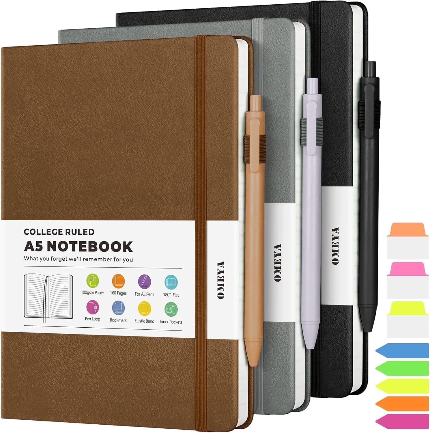 OMEYA 3 Pack Lined Journal Notebook, A5 College Ruled Notebooks with 3 Pens, Hardcover Notebooks for Work Campus, 160 Pages, 100GSM, 5.7"x8.3", Leather Journal for Women & Men