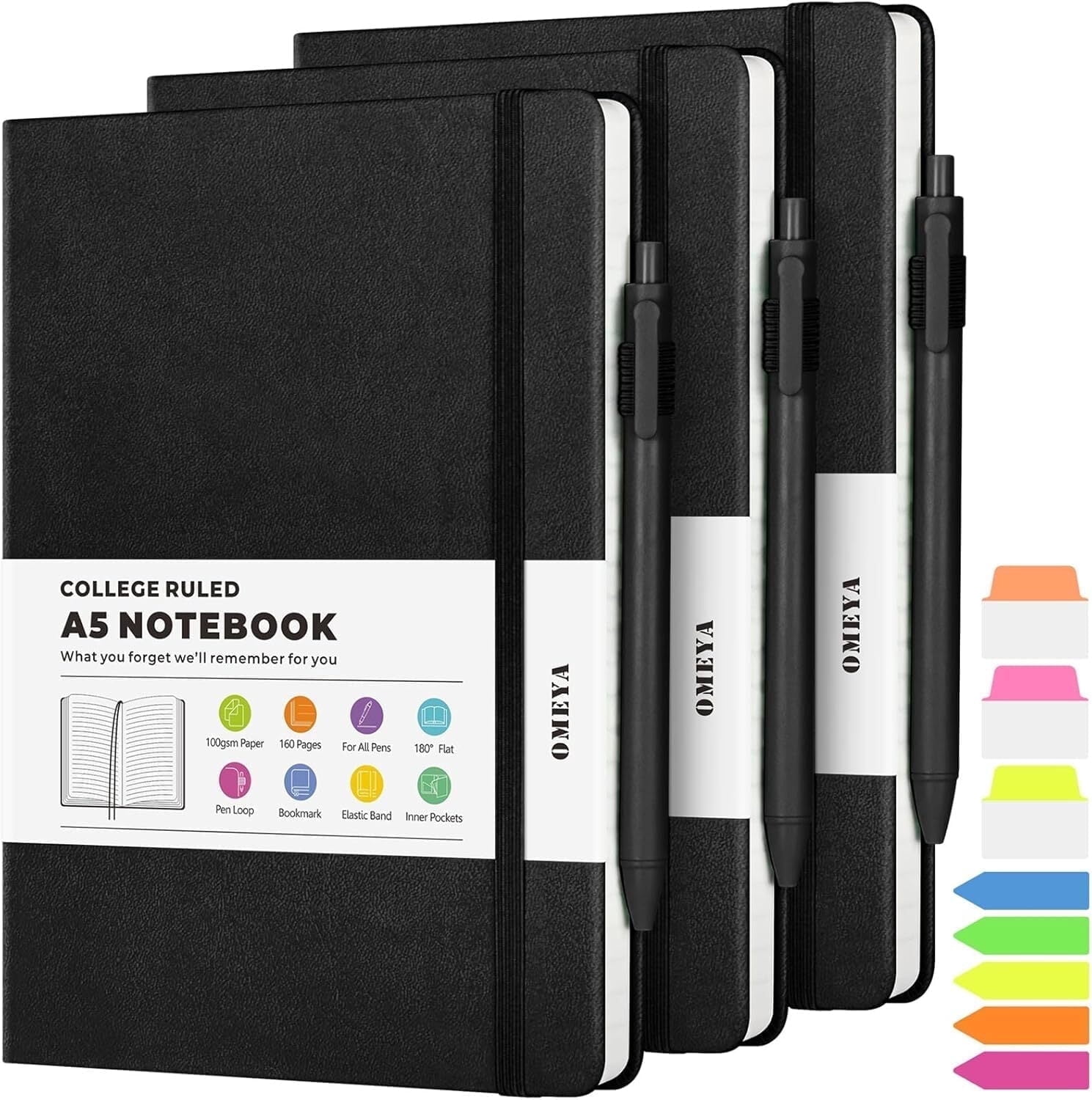 OMEYA 3 Pack Lined Journal Notebook, A5 College Ruled Notebooks with 3 Pens, Hardcover Notebooks for Work Campus, 160 Pages, 100GSM, 5.7"x8.3", Leather Journal for Women & Men