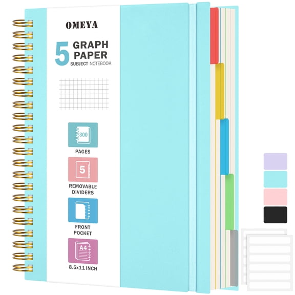 OMEYA 5 Subject Notebook, Graph Paper Notebook 8.5 x 11in with Dividers, 300 Pages 100GSM Thick Spiral Journal Notebook Grid Ruled for Women & Men, Large Spiral Notebooks for Work, Campus