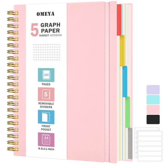 OMEYA 5 Subject Notebook, Graph Paper Notebook 8.5 x 11in with Dividers, 300 Pages 100GSM Thick Spiral Journal Notebook Grid Ruled for Women & Men, Large Spiral Notebooks for Work, Campus