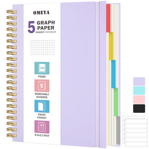 OMEYA 5 Subject Notebook, Graph Paper Notebook 8.5 x 11in with Dividers, 300 Pages 100GSM Thick Spiral Journal Notebook Grid Ruled for Women & Men, Large Spiral Notebooks for Work, Campus