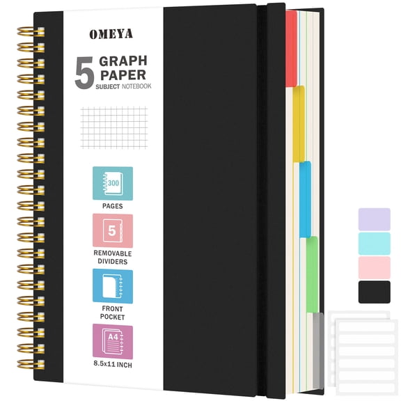 OMEYA 5 Subject Notebook, Graph Paper Notebook 8.5 x 11in with Dividers, 300 Pages 100GSM Thick Spiral Journal Notebook Grid Ruled for Women & Men, Large Spiral Notebooks for Work, Campus