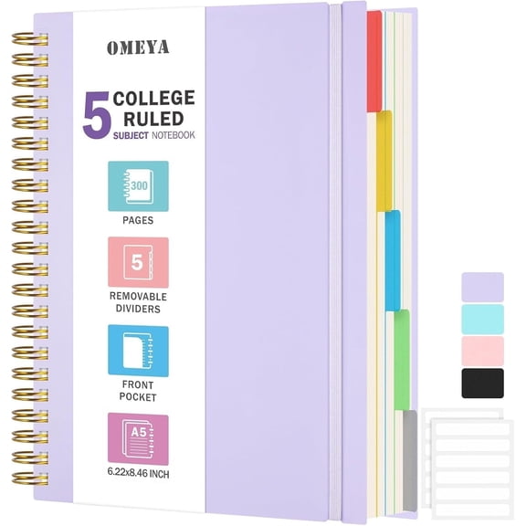 OMEYA 5 Subject Notebooks College Ruled, Spiral Notebook with Dividers, 300 Pages 100GSM Thick Spiral Writing Journal for Women & Men, Lined Journal Notebooks for Work, Campus