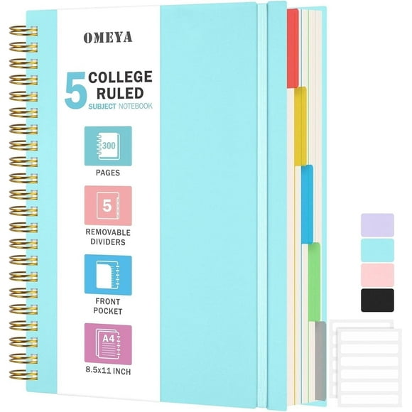 OMEYA 5 Subject Notebooks College Ruled, Spiral Notebook 8.5 x 11in with Dividers, 300 Pages 100GSM Thick Spiral Writing Journal for Women & Men, Large A4 Lined Journal for Work, Campus