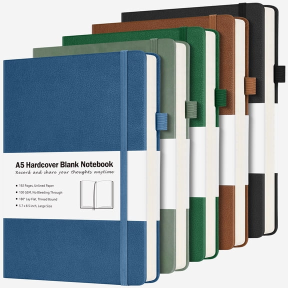OMEYA Blank Notebook 5.7 x 8.5in, Unlined Notebook 5 Pack, A5 Blank Journal for Men & Women, 100GSM, 192 Blank Papers, Hardcover Plain Notebook for Sketching with 2 Pockets, Labels