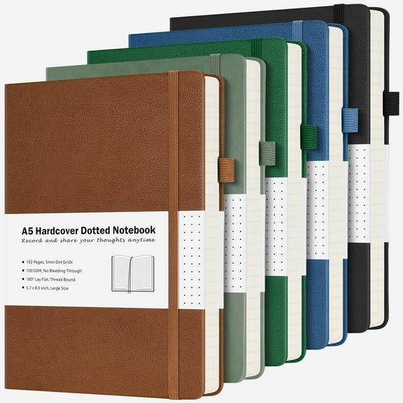 OMEYA Bullet Dotted Journal 5.7 x 8.5in, Dotted Notebook Bulk 5 Pack, A5 Dot Grid Notebook for Men & Women, 100GSM, 192 Dotted Papers, Hardcover Leather Notebook for Writing with 2 Pockets, Labels