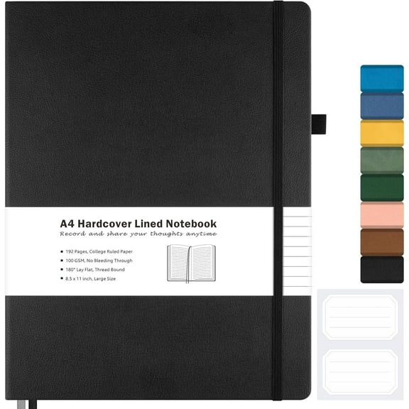 OMEYA College Ruled Notebook, A4 Leather Notebook, Lined Journal Notebook for Men & Women, 100GSM, 192Pages, Hardcover Notebook with 2 Pockets, Professional Business Notebooks for Work