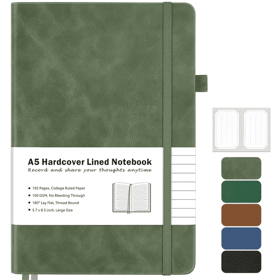 OMEYA College Ruled Notebook, A5 Leather Notebook, Lined Journal Notebook for Men & Women, 100GSM, 192Pages, Hardcover Notebook with 2 Pockets, Professional Business Notebooks for Work