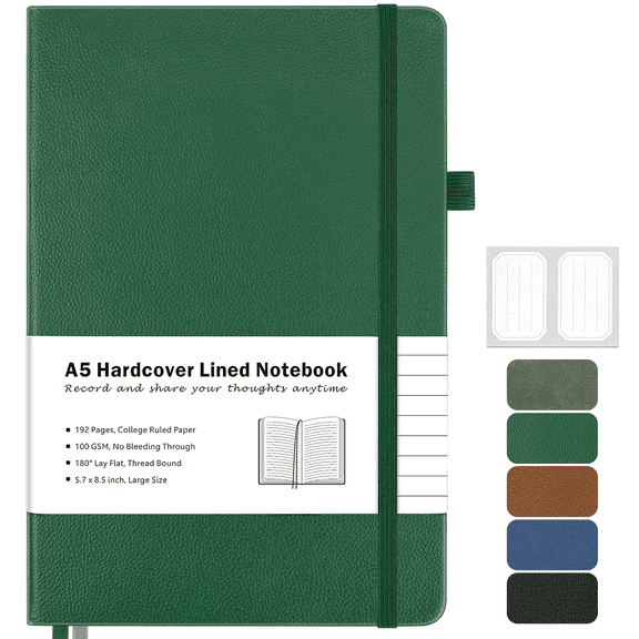 OMEYA College Ruled Notebook, A5 Leather Notebook, Lined Journal Notebook for Men & Women, 100GSM, 192Pages, Hardcover Notebook with 2 Pockets, Professional Business Notebooks for Work