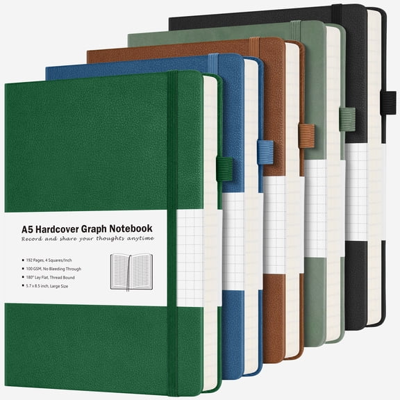 OMEYA Graph Paper Notebook 5 Pack, A5 Grid Ruled Notebook 5.7 x 8.5in, 100GSM Math Notebook with 192 Pages, Hardcover Leather Notebook for Math, Notes, Engineering with 2 Pockets & Labels