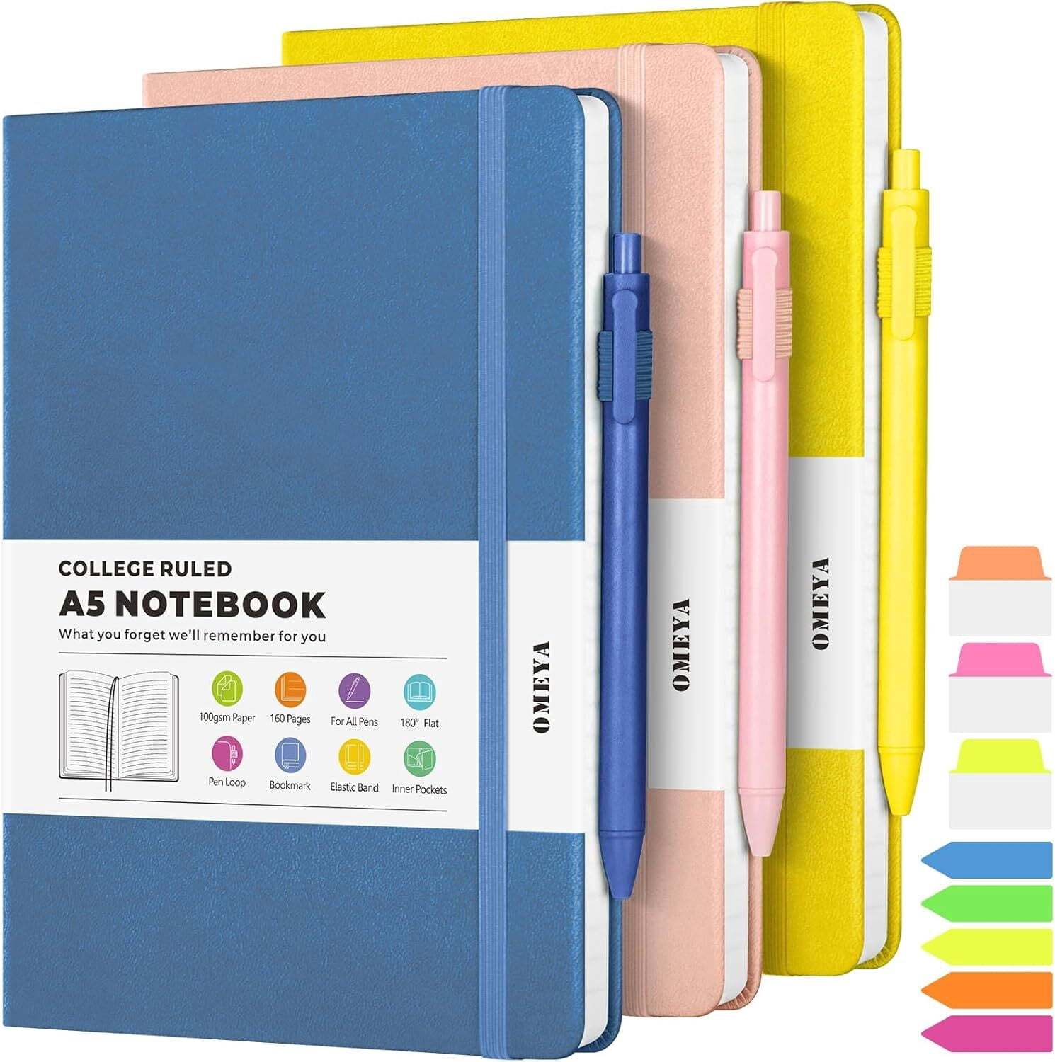 OMEYA 3 Pack Lined Journal Notebook, A5 College Ruled Notebooks with 3 Pens, Hardcover Notebooks for Work Campus, 160 Pages, 100GSM, 5.7"x8.3", Leather Journal for Women & Men