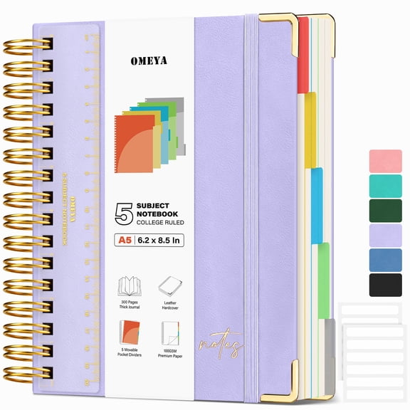 OMEYA Leather Spiral Notebook, 5 Subject Notebook College Ruled with Pockets and Dividers, 300 Pages 100GSM Journal Notebook Spiral 6.2 x 8.5 in, Multi Subject Notebook for Work, Campus