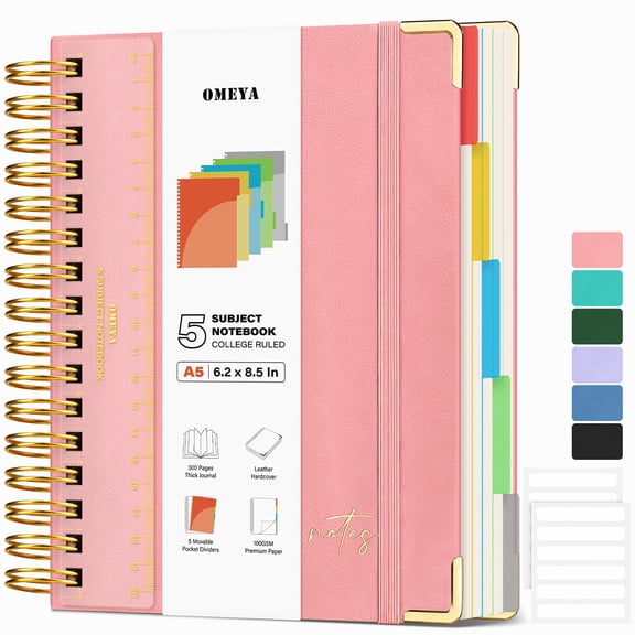 OMEYA Leather Spiral Notebook, 5 Subject Notebook College Ruled with Pockets and Dividers, 300 Pages 100GSM Journal Notebook Spiral 6.2 x 8.5 in, Multi Subject Notebook for Work, Campus