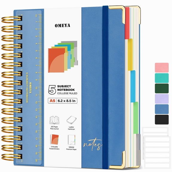 OMEYA Leather Spiral Notebook, 5 Subject Notebook College Ruled with Pockets and Dividers, 300 Pages 100GSM Journal Notebook Spiral 6.2 x 8.5 in, Multi Subject Notebook for Work, Campus