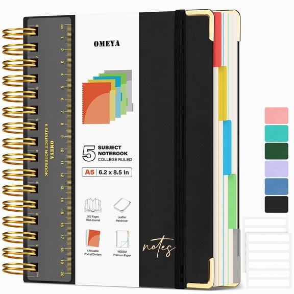 OMEYA Leather Spiral Notebook, 5 Subject Notebook College Ruled with Pockets and Dividers, 300 Pages 100GSM Journal Notebook Spiral 6.2 x 8.5 in, Multi Subject Notebook for Work, Campus