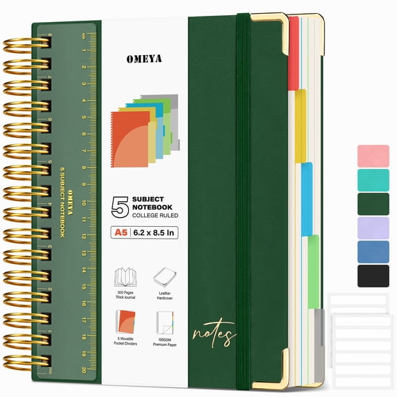 OMEYA Leather Spiral Notebook, 5 Subject Notebook College Ruled with Pockets and Dividers, 300 Pages 100GSM Journal Notebook Spiral 6.2 x 8.5 in, Multi Subject Notebook for Work, Campus