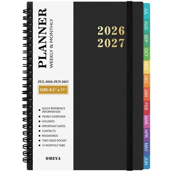 OMEYA Planner 2026 2027, Large Planner 2026-2027 Weekly and Monthly, Jul.26 - Jun.27 Calendar Planner 8.5 x 11in with Inner Pockets, Monthly Tabs, Elastic Closure, Great for Campus & Home