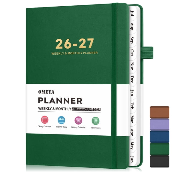 OMEYA Planner 2026 2027, A5 Leather Weekly & Monthly Planner, 12-Month Jul.26-Jun.27, Premium Hardcover Planner for Professionals, Inner Pockets, Monthly Tabs, Efficient Time & Goal Planning