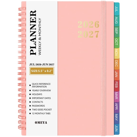 OMEYA Planner 2026 2027, Small Planner 2026-2027 Weekly and Monthly, Jul.26 - Jun.27 Academic Planner 5.8 x 8.3in with Inner Pockets, Monthly Tabs, Elastic Closure, Great for Campus & Home