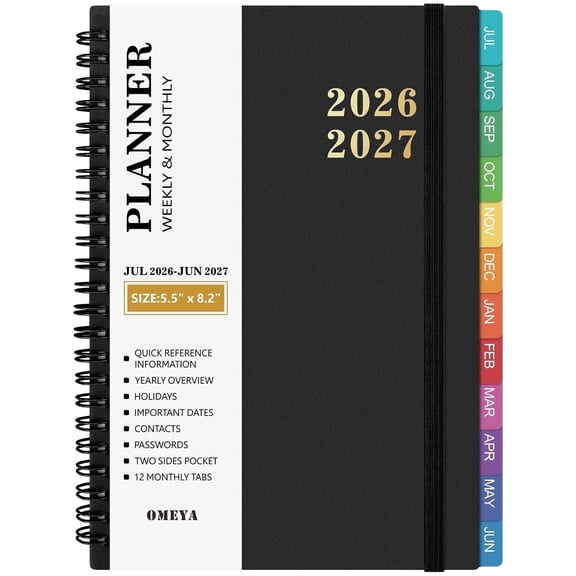 OMEYA Planner 2026 2027, Small Planner 2026-2027 Weekly and Monthly, Jul.26 - Jun.27 Academic Planner 5.8 x 8.3in with Inner Pockets, Monthly Tabs, Elastic Closure, Great for Campus & Home