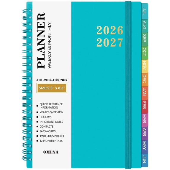 OMEYA Planner 2026 2027, Small Planner 2026-2027 Weekly and Monthly, Jul.26 - Jun.27 Academic Planner 5.8 x 8.3in with Inner Pockets, Monthly Tabs, Elastic Closure, Great for Campus & Home