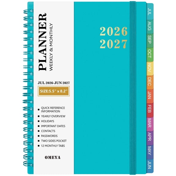 OMEYA Planner 2026 2027, Small Planner 2026-2027 Weekly and Monthly, Jul.26 - Jun.27 Academic Planner 5.8 x 8.3in with Inner Pockets, Monthly Tabs, Elastic Closure, Great for Campus & Home