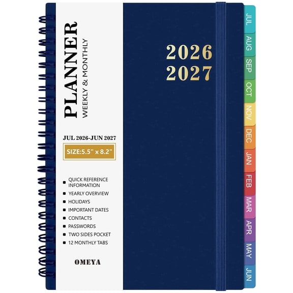 OMEYA Planner 2026 2027, Small Planner 2026-2027 Weekly and Monthly, Jul.26 - Jun.27 Academic Planner 5.8 x 8.3in with Inner Pockets, Monthly Tabs, Elastic Closure, Great for Campus & Home