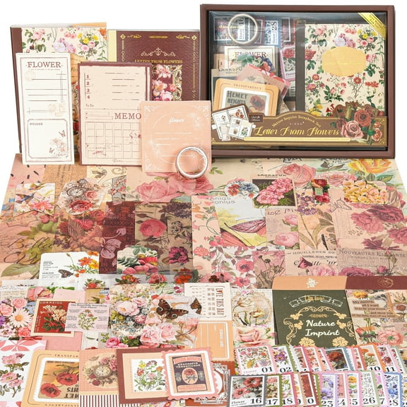 OMEYA Scrapbooking Supplies Kit, 249pcs Vintage Scrapbook Kit, Aesthetic Junk Journaling Supplies, Scrapbooking Stuff with A6 Grid Notebook, Scrapbook Journaling Kit for Adult, Teen, Women