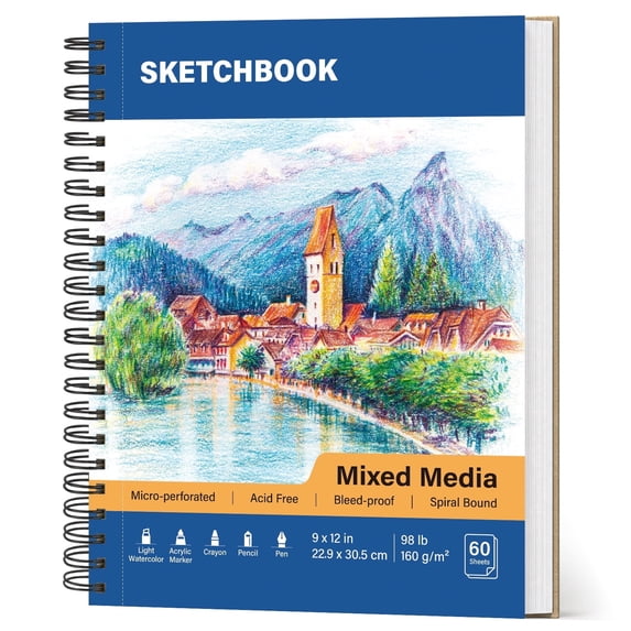 OMEYA Sketchbook 9"x12", 98lb / 160gsm Mixed Media Sketch Book, Fade Resistant Acid-Free Paper, 60 Sheets Perforated Drawing Pad for Pencil, Marker, Light Watercolor, Sketch Pads for Drawing