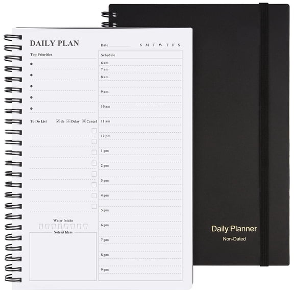 OMEYA Undated Planner, Daily To Do List Notebook, Spiral Schedule Planner for Women and Men, Hourly Appointment Book Undated with Elastic Closure, Inner Pocket 8.3" x 5.8"