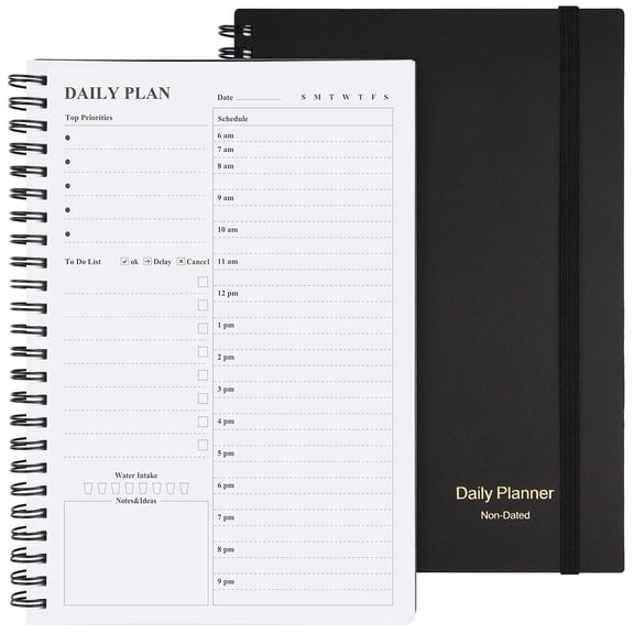 OMEYA Undated Planner, Daily To Do List Notebook, Spiral Schedule Planner for Women and Men, Hourly Appointment Book Undated with Elastic Closure, Inner Pocket 8.3" x 5.8"