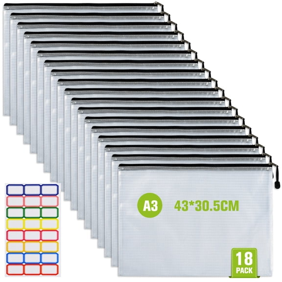 OMEYA Zipper Pouch, 18pcs Waterproof Plastic A3 Mesh Zipper Pouch, Extra Large Zipper File Bags, Storage Bags with Zipper for Board Game, Puzzles, Sewing Project, Travel Supplies