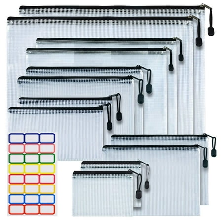OMEYA Zipper Pouch, 24pcs Waterproof Plastic Mesh Zipper Pouch, 6 Sizes Zipper File Bags, Multi-purpose Document Pouch Mesh Bags for School Office Home Organization(A3/A4/A5/A6/B8/B4)
