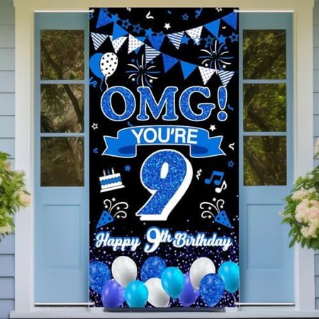 OMG You're 9 Door Banner Blue Happy 9th Birthday Party Sign for Boys Nine Years Old Birthday Party Decoration Supplies Large 9th Birthday Party Poster Background Photo Booth Props$$Office