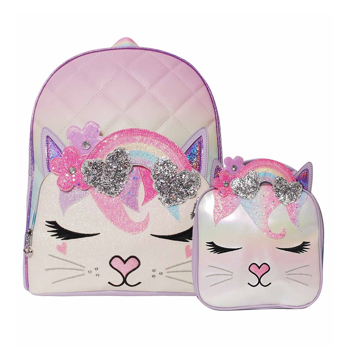 OMG! Accessories Miss Bella Kitty Rainbow Butterfly Crown Backpack &  Insulated Lunch Bag 2 PC Set, Lavender 