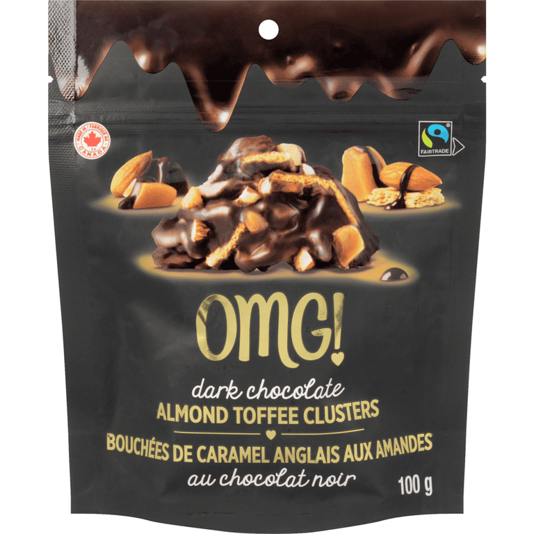 OMG Dark Chocolate Almond Toffee Clusters 100g 3.5 oz. Bag Imported from Canada