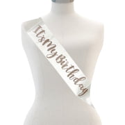 OMG International It's My Birthday Sash - Cloud White Satin Sash with Rose Gold Rhinestone Script, Luxury Birthday Collection Party Decorations for Women