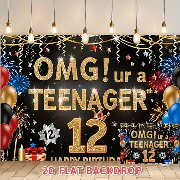 OMG ur a Teenager 12th Birthday Backdrop, Black Gold Glitter Photography Background with Balloon Firework Decor, Perfect for 12 Year Old Birthday Party Photo Booth Banner Supplies