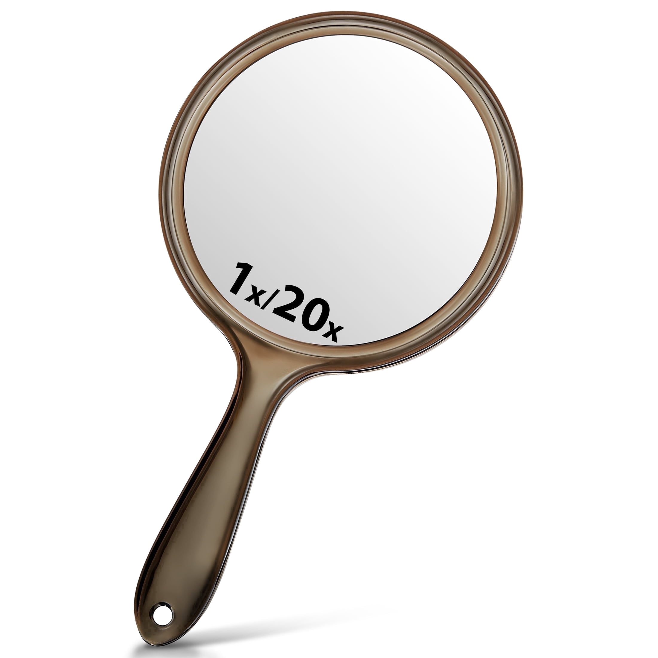 OMIRO 10.5'' x 5.7'' Round Handheld Face Mirror with Handle, Double-Sided, 1x/20x Magnification, Transparent Black